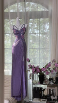 Purple Shiny Gorgeous Luxury Sequin Heavy Spaetti Strap Long Butterfly Decoration Sequin Chiffon Ball Gown Evening Gown Party Dress 4175