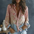 Women's Vintage Spring Floral Embroidered Art Print Flowy Linen Blend Casual Shirt