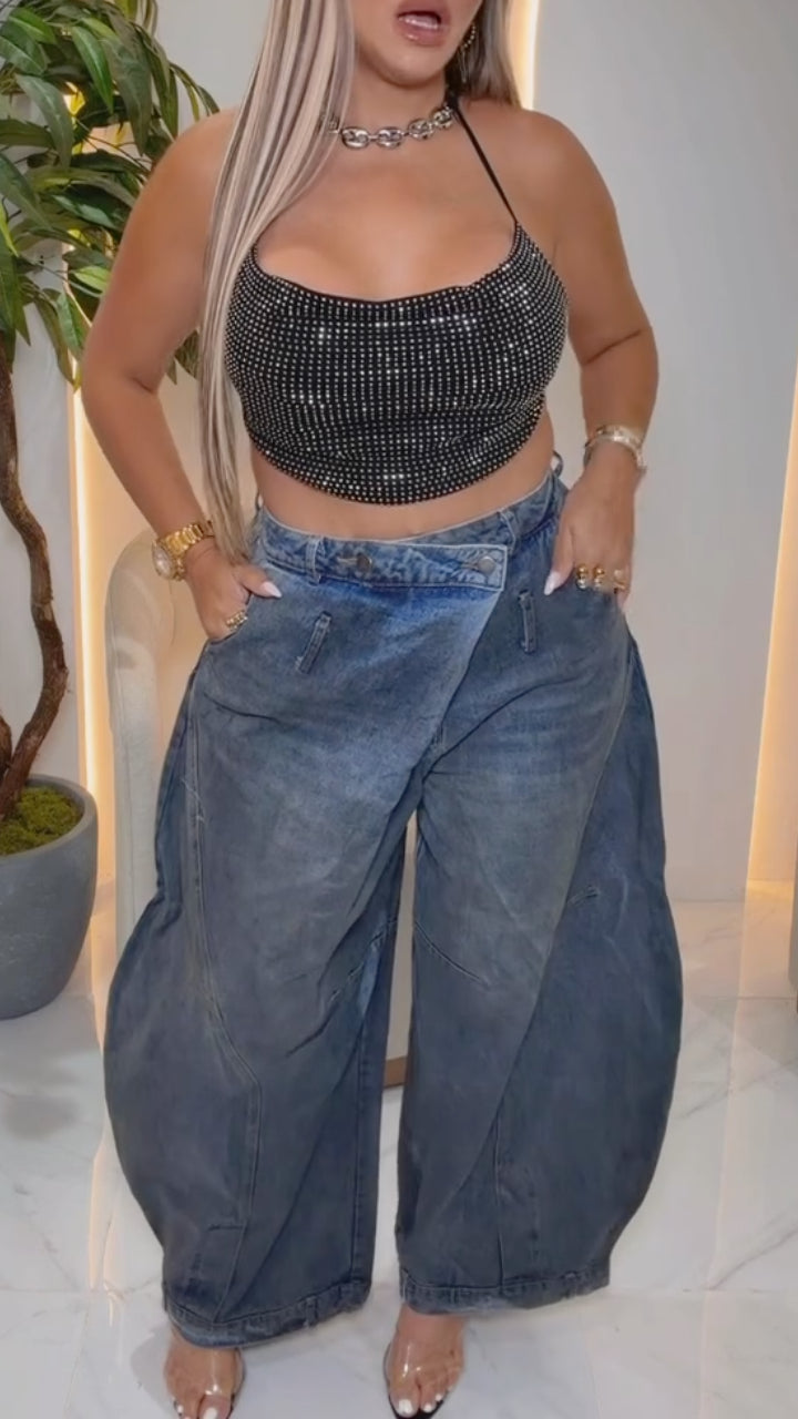 Black Sparkly Crop Top & Baggy Denim Pants