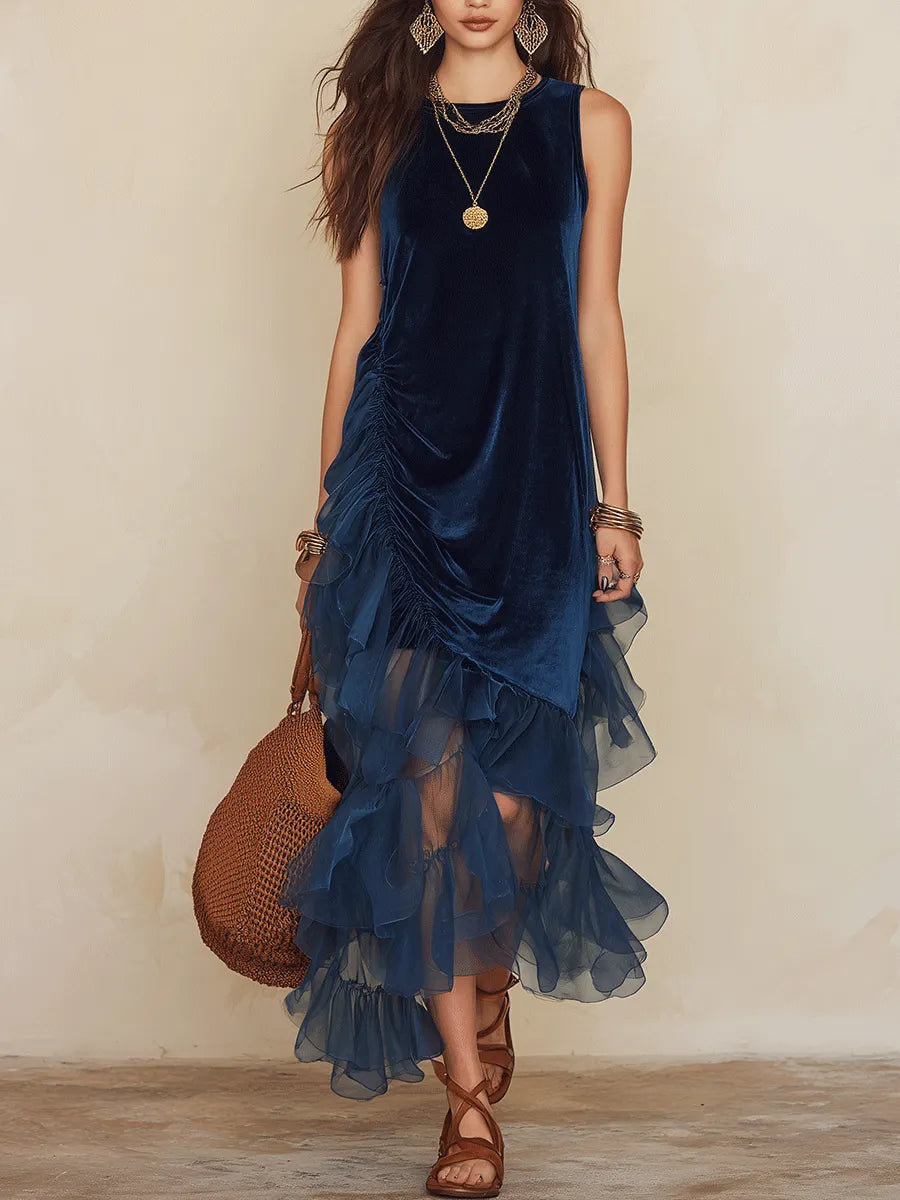 Elegant Vacation Deep Blue Asymmetrical Mesh Hem Maxi Dress