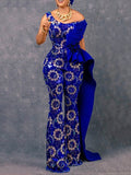 Off-The-Shoulder Sequined Printing Split-Joint Straight Leg Jumpsuits