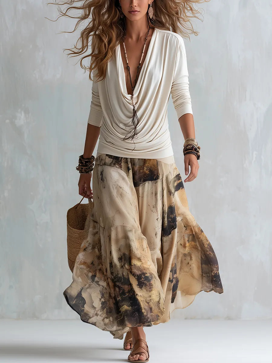 Bohemian Pleated Top And Skirt Set