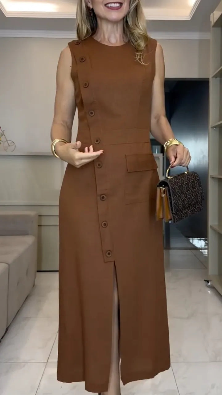 Brown Sleeveless Button‑Front Midi Dress