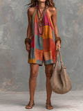 Women's Plaid Print V-neck Sleeveless Casual Loose-fit Wide-leg Romper