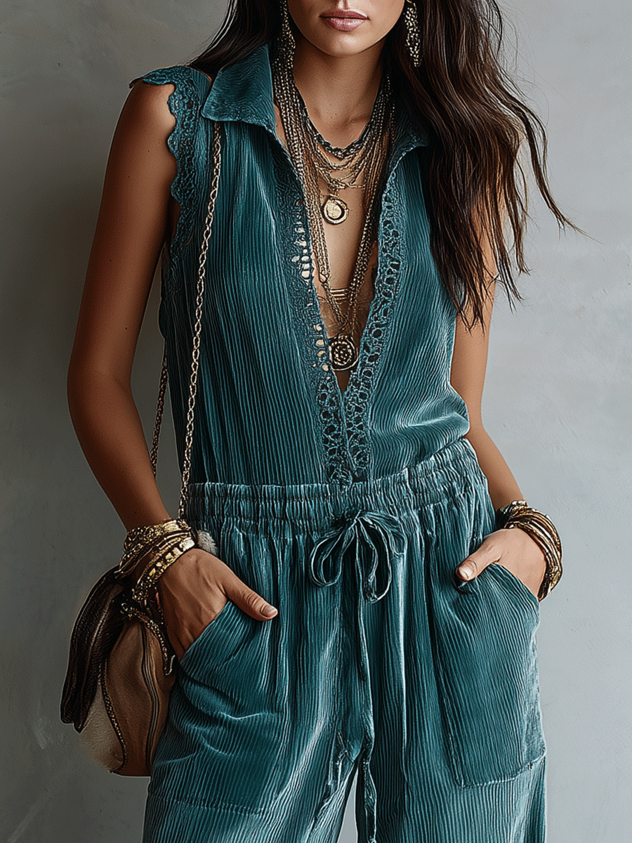 Elegant Vacation Ocean Teal Velvet Utility Jumpsuit