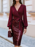 V-Neck Wrap Tie Waist Chiffon Long Sleeve Sequin Midi Pencil  Dress