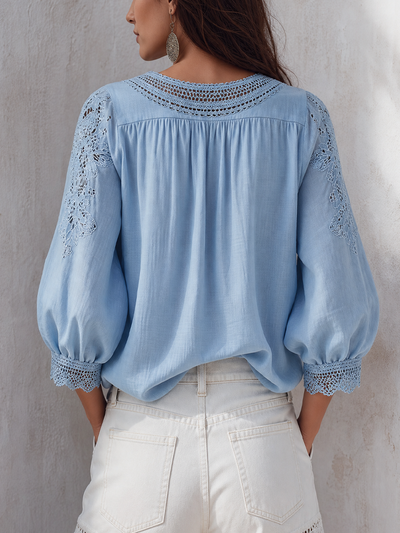 Delicate Sky Blue Lace Trim Blouse