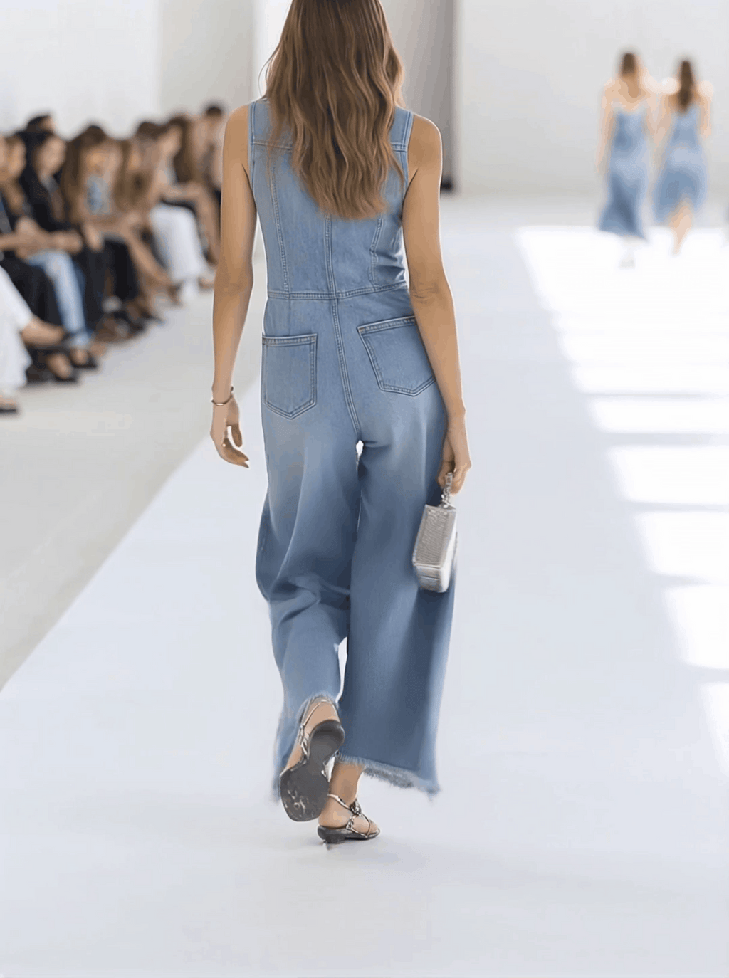 [24-hour shipping out]Western Retro Light Blue Denim Sleeveless Raw Edge Wide Leg Zipper Jumpsuit