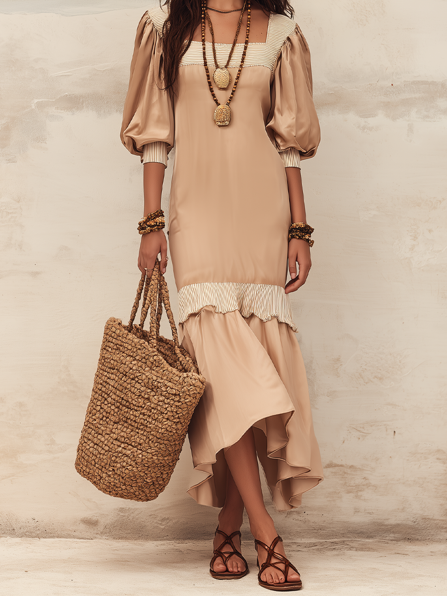 Flowy Nude Ruffled Dress With Puff Sleeves — An Elegant With Effortless Feminine Style  Maxi Dress