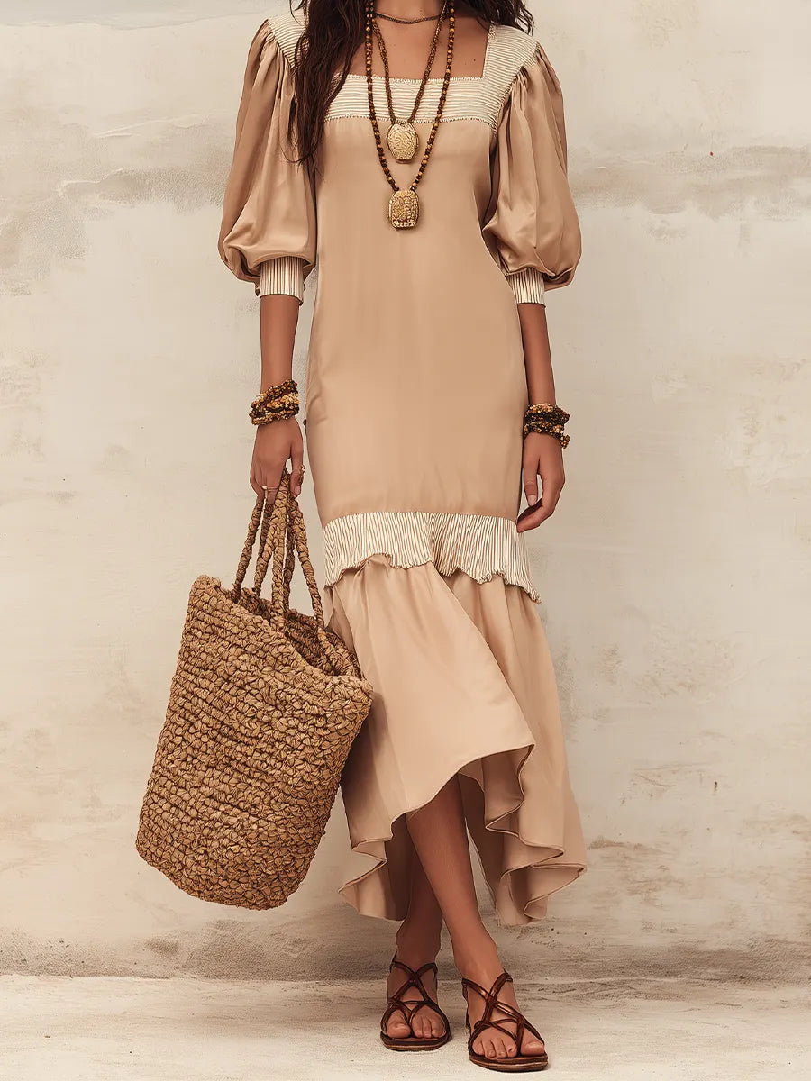 Flowy Nude Ruffled Dress With Puff Sleeves — An Elegant With Effortless Feminine Style  Maxi Dress