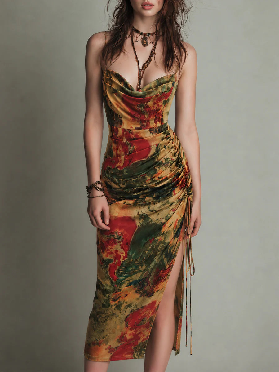 Retro-elegant Floral Print Spaghetti-strap Bodycon Dress