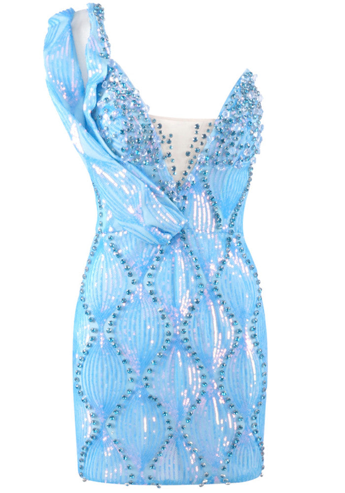 One Shoulder Crystal Dress Blue