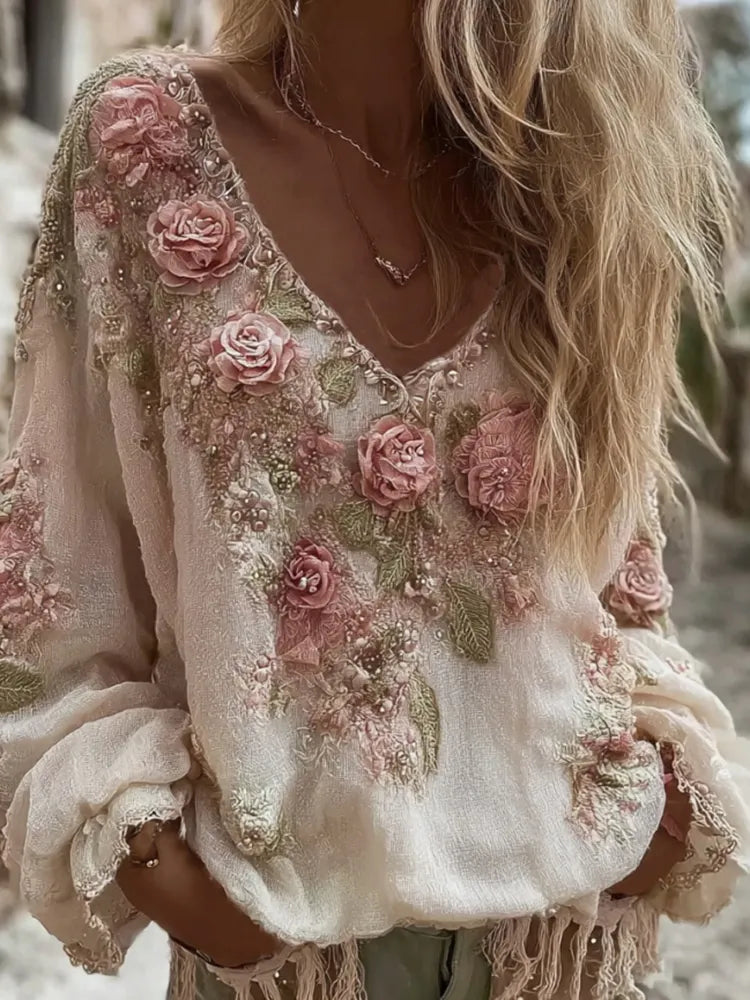 Women's Vintage Roses Embroidery Art V-neck Long Sleeve Linen Blend T-shirt