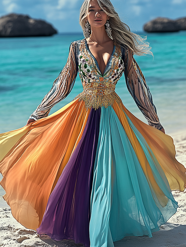 Summer vacation fashion elegant contrast color dress 8505