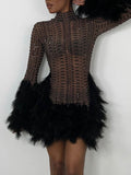 Beaded Feathers Long Sleeves Round-neck Mini Dresses