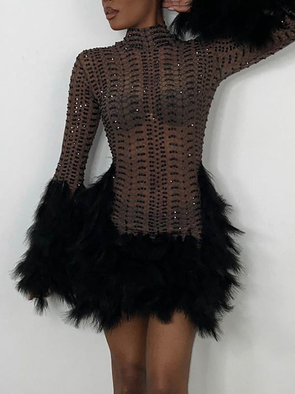 Beaded Feathers Long Sleeves Round-neck Mini Dresses