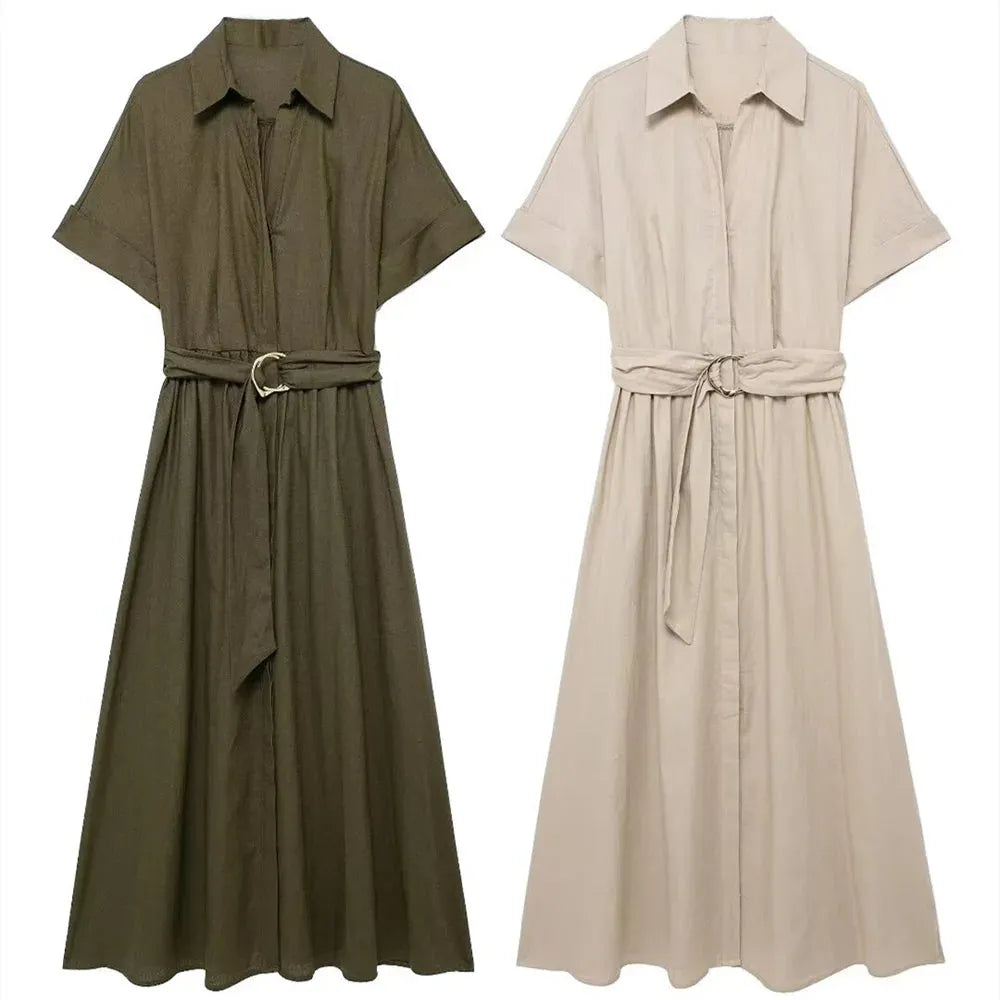 Lunira Belted Shirt Midi Dress – Short Sleeve Summer Shirt Dress in Khaki Green and Soft Beige