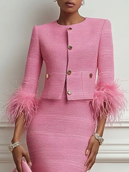 Women Tweed Rose Red Feather-trimmed Buckle Crew Neck Three Quarter Sleeve Dressy Coat With Skirt Two-Piece Set
