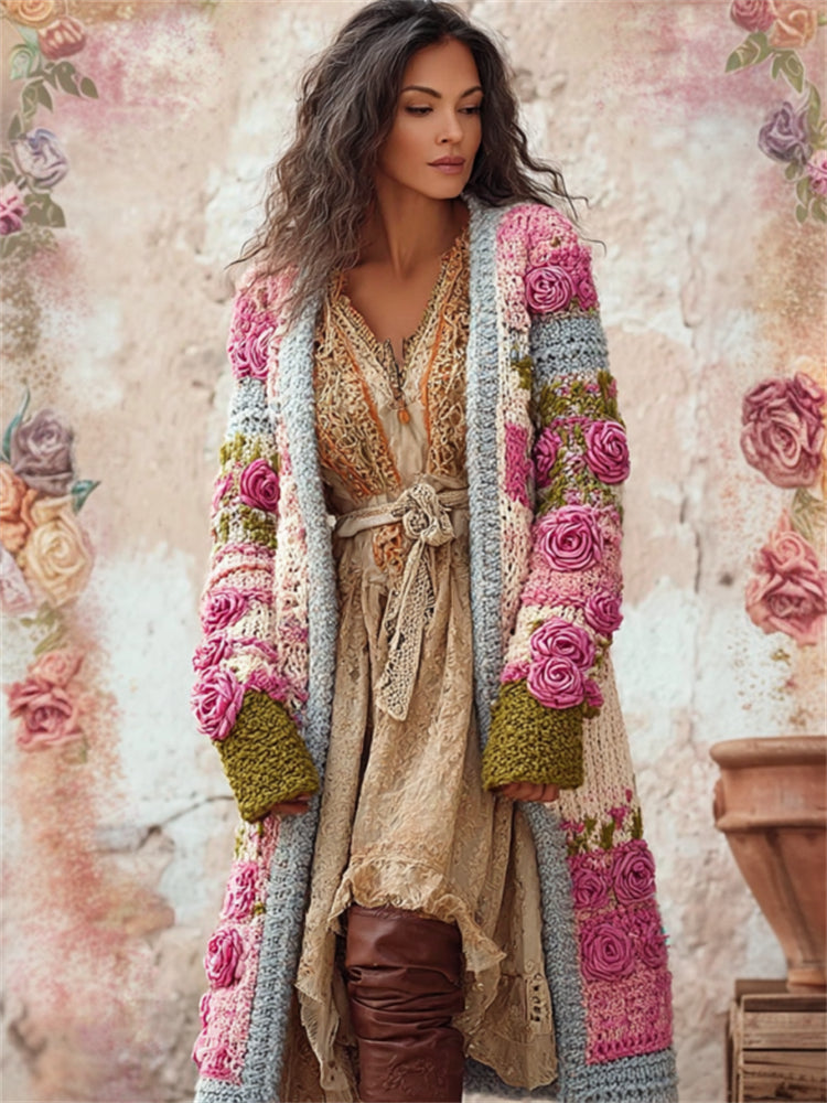 Vintage Pink Roses Colorblock Crochet Chunky Cozy Cardigan