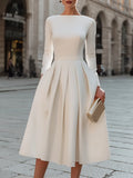 Boat Neck Pleated A-Line Midi Dress