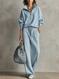 Casual Blue Knit Textured Trousers Set