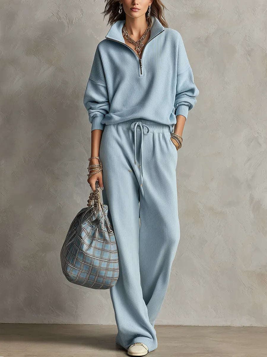Casual Blue Knit Textured Trousers Set
