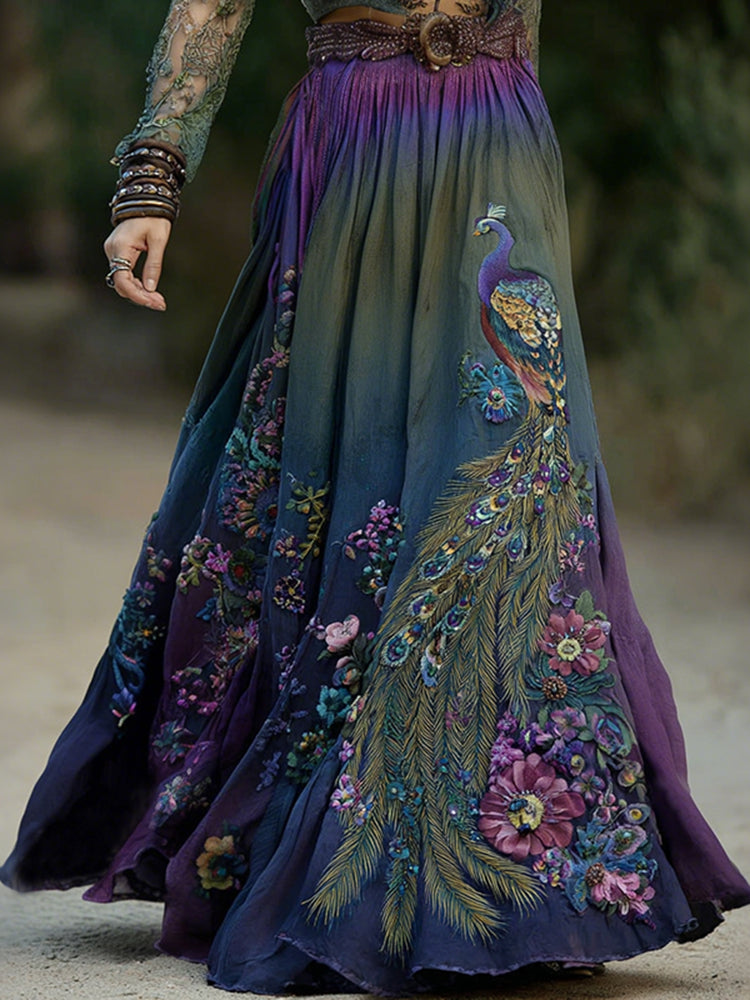 Vintage Classy Gradient Peacock And Floral Embroidered Art Linen Blend Casual Skirt