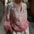 Women's Vintage Pink Floral Gradient Pattern Linen V-neck T-shirt