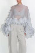 Light Grey Sheer Organza Blouse with 3D Petal Ruffle Sleeves