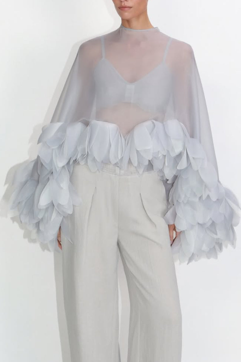Light Grey Sheer Organza Blouse with 3D Petal Ruffle Sleeves