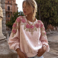 Women's Pink Rose Embroidery Art Round Neck Casual Sweatshirt