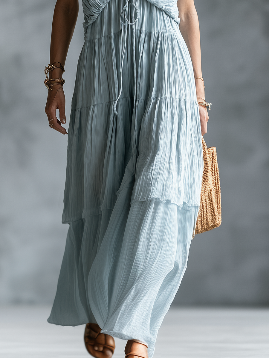 Elegant Sky Blue Ruched Tiered Maxi Dress