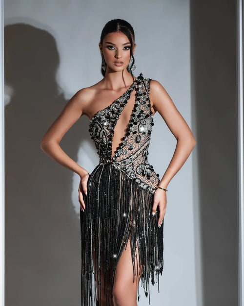 Alexine Black and Silver Short Dress with Tassels and Crystals