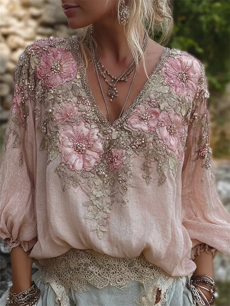 Vintage Pink Floral Glitter Beaded Flowy Linen Tunic