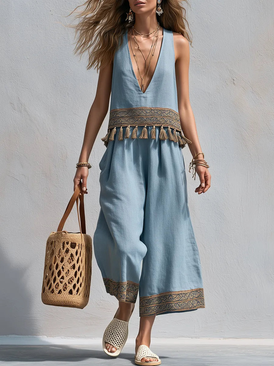 Bohemian Blue Tassel-Trimmed Top And Cropped Pants Set