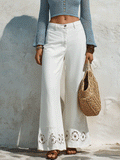 Bohemian Eyelet Hem Resort White Wide-Leg Pants