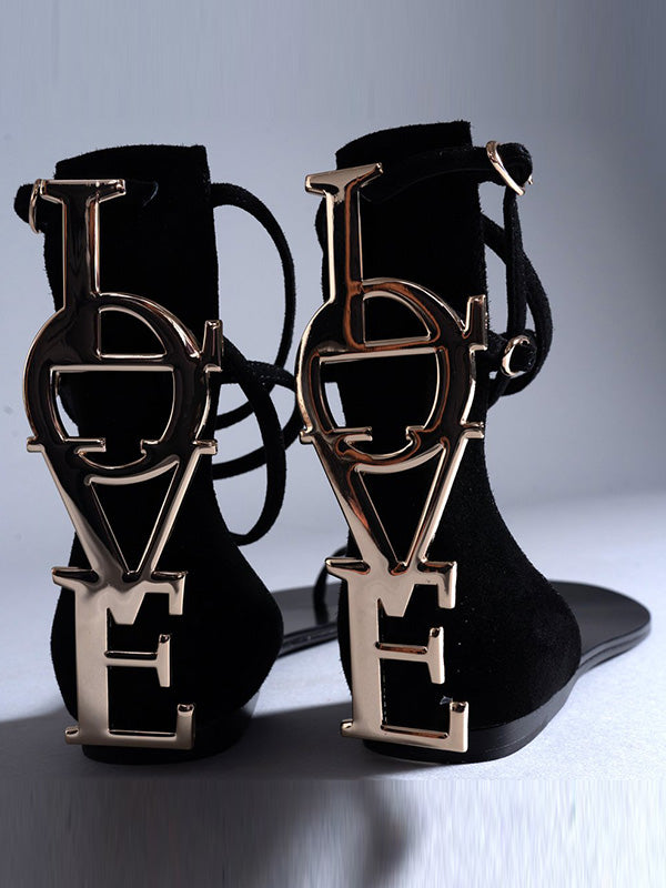 Metal Letters Split-Joint Bandage Open Toe Sandals