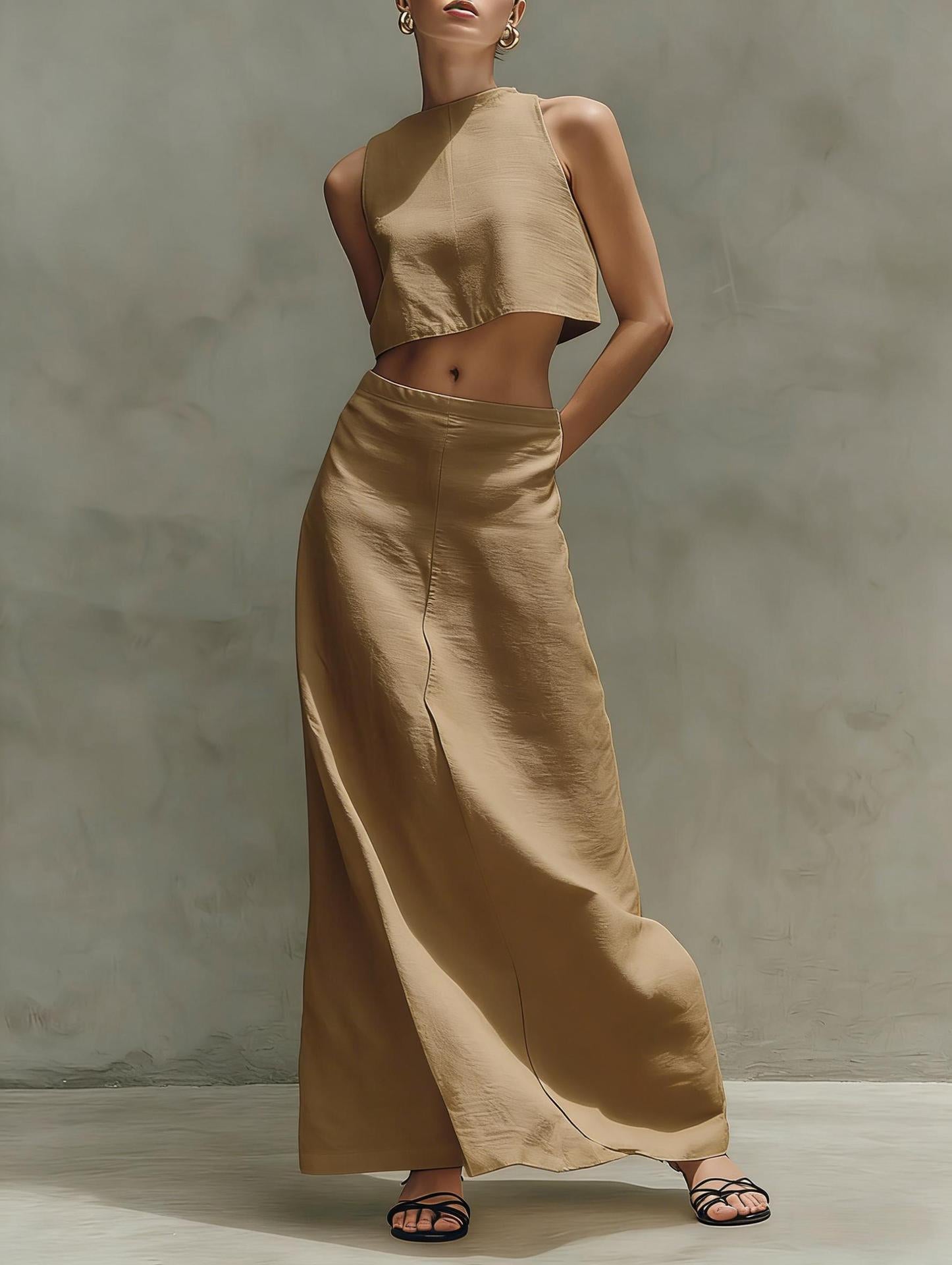 Women's Minimalist Two-Piece Set - Sleeveless Crop Top & High-Waist Maxi Skirt Vacation Outfit