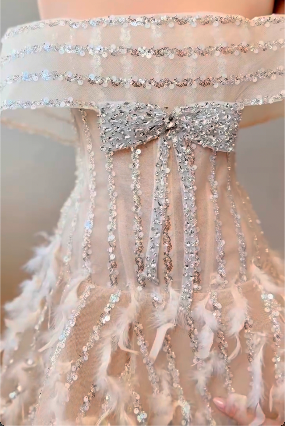 Off Shoulder Sequin Bow Feather Mini Cocktail Dress, White Striped Beaded Sheer Corset Party Gown