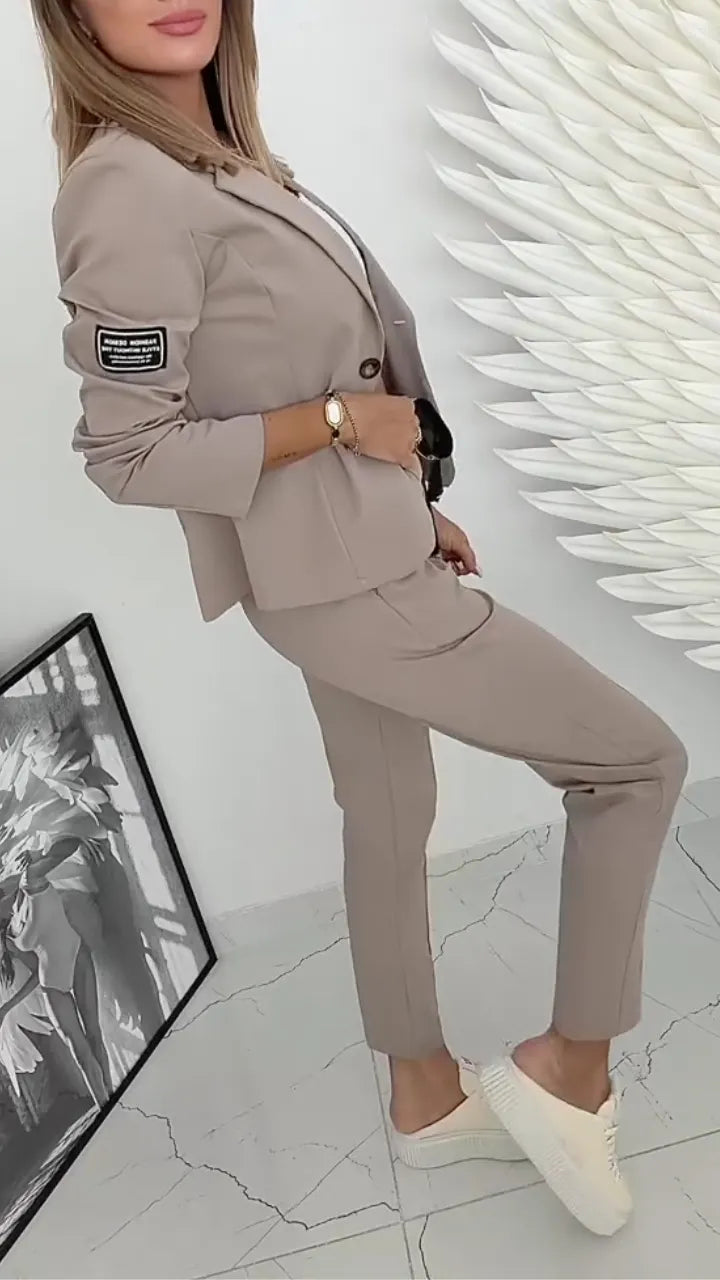 Women's Collared Short Blazer & Trousers Casual Set