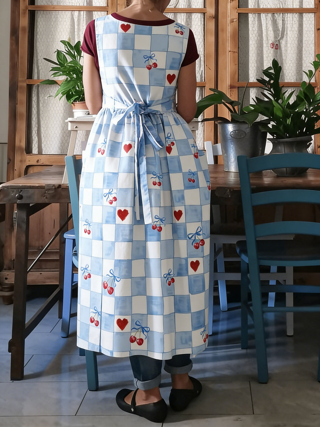 Cute Blue Checkerboard Apron with Hearts & Cherries