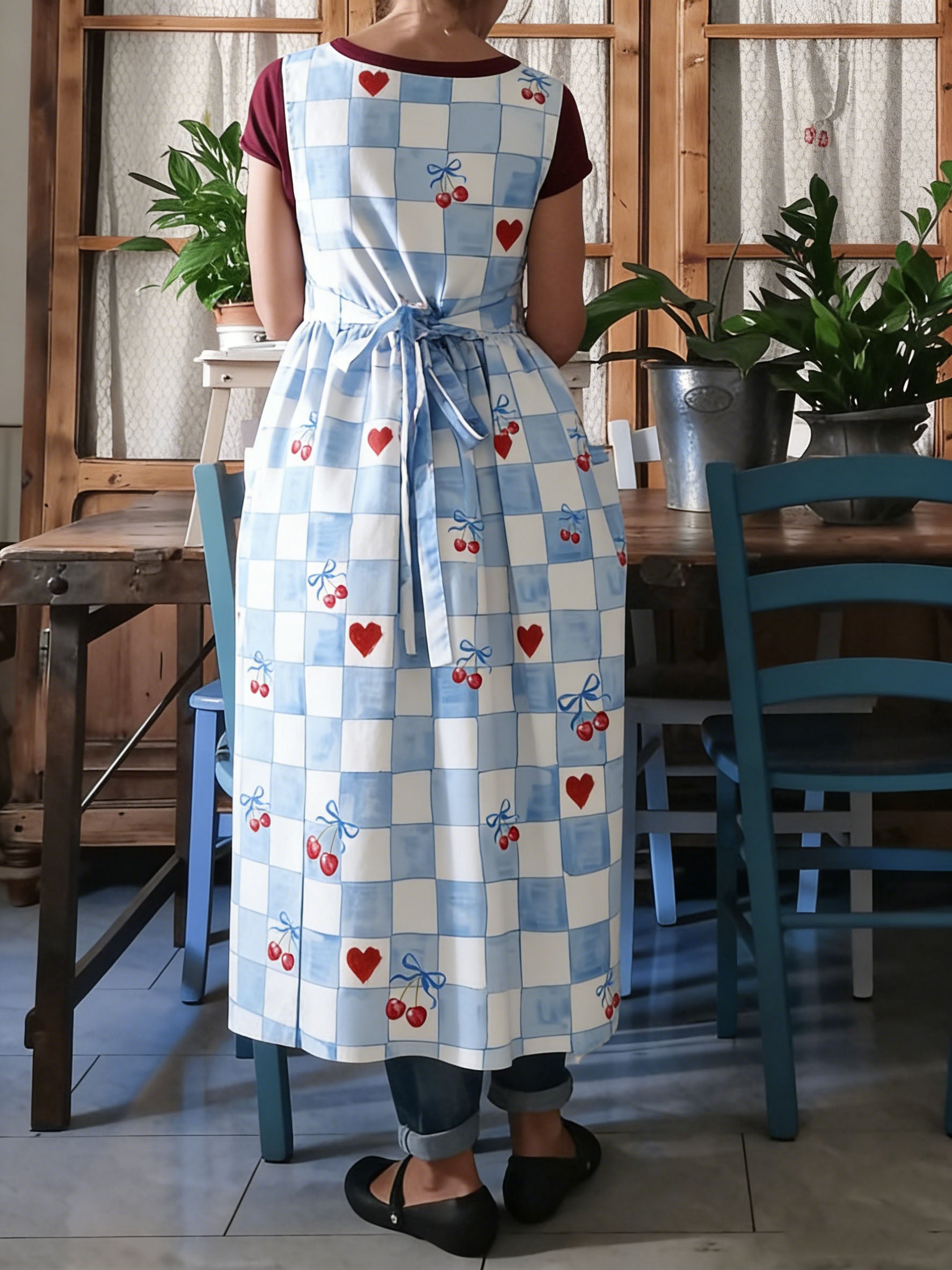 Cute Blue Checkerboard Apron with Hearts & Cherries