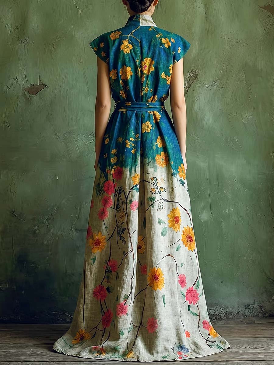 Women's Casual Loose Cotton-linen Dress With Placement Print Stand Collar And Sleeveless Design