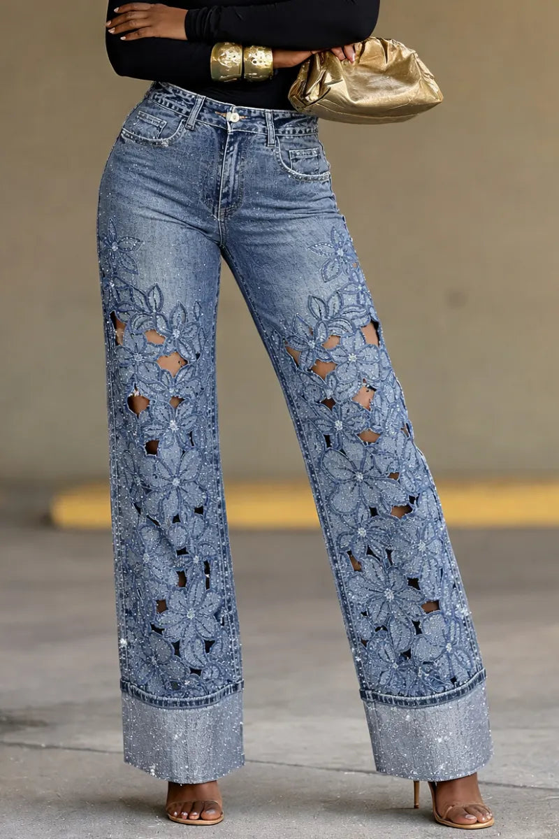 Light Blue Floral Cutout Rhinestone Wide Leg Jeans