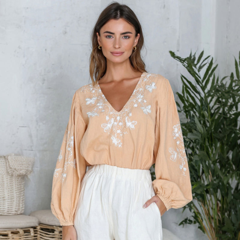Women's Floral And Butterfly Pattern Linen V-neck T-shirt