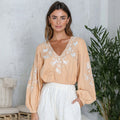 Women's Floral And Butterfly Pattern Linen V-neck T-shirt