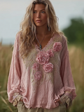 Bohemian Retro Countryside Plant Flower Pattern V-neck Top