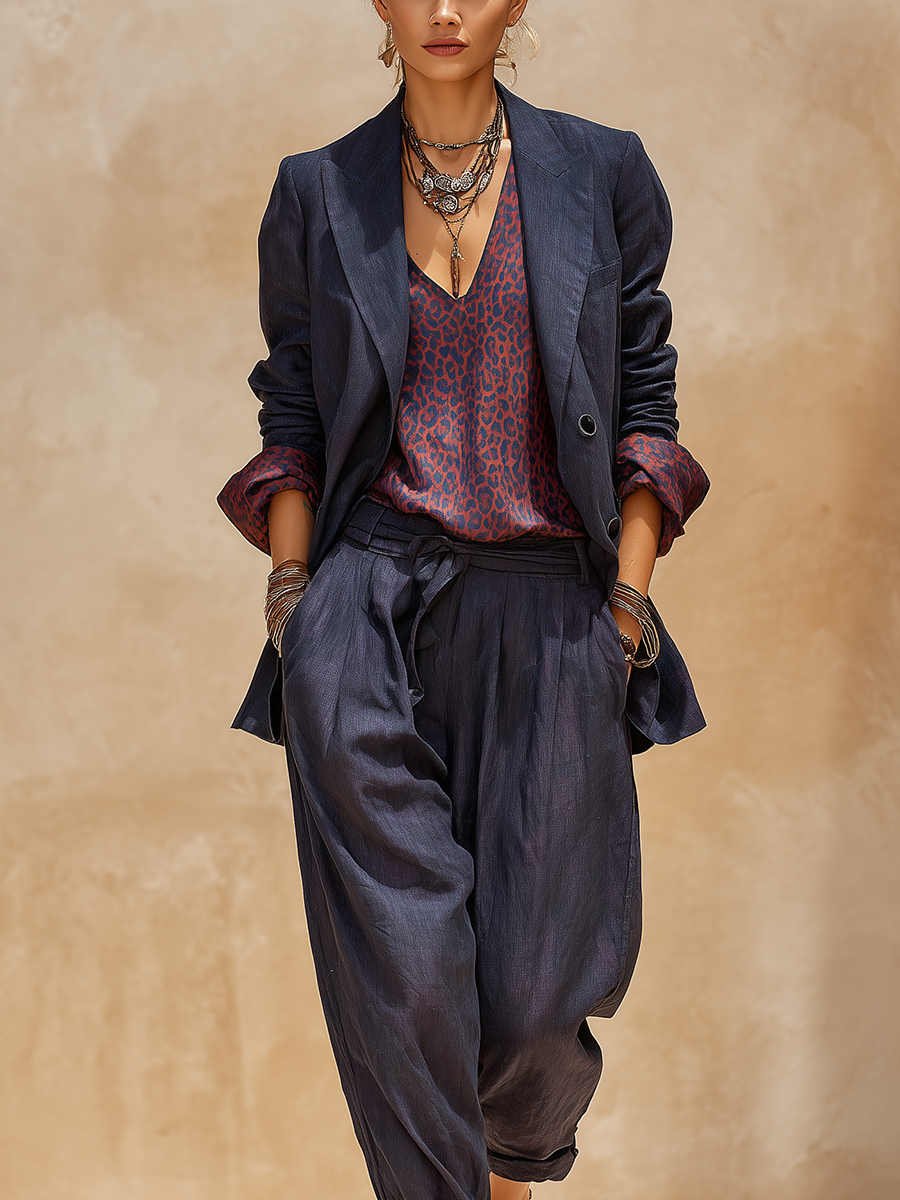 Bohemian Cotton Linen Midnight Blue Leopard Print Suit