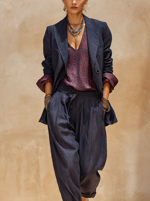 Bohemian Cotton Linen Midnight Blue Leopard Print Suit