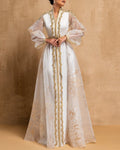 Beaded-panel embroidered mesh kaftan dress